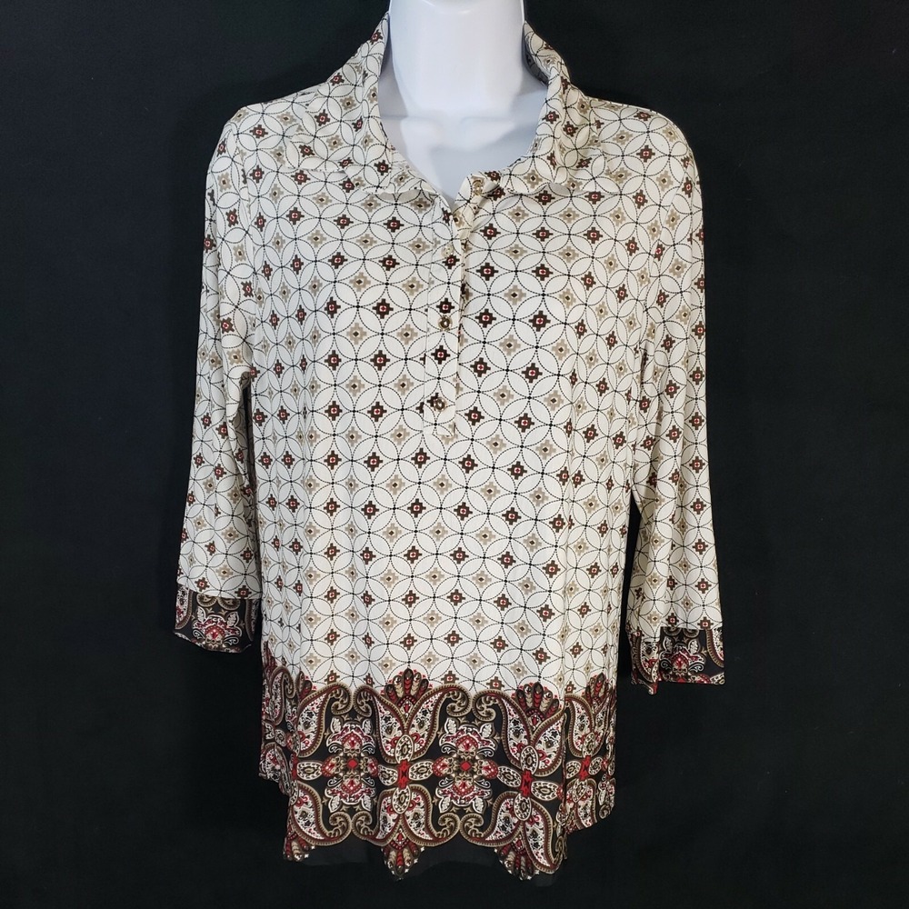 Late August Blouse Women's 3/4 Sleeve Stretch Ivory w/ Geometric Paisley Medium